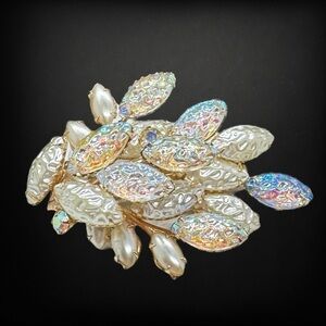 Vintage Attributed Beau Jewels Lava Navette, Pearl & AB Rhinestone Brooch